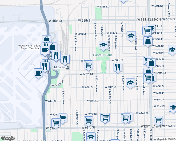 map of restaurants, bars, coffee shops, grocery stores, and more near 5819 South Kilbourn Avenue in Chicago