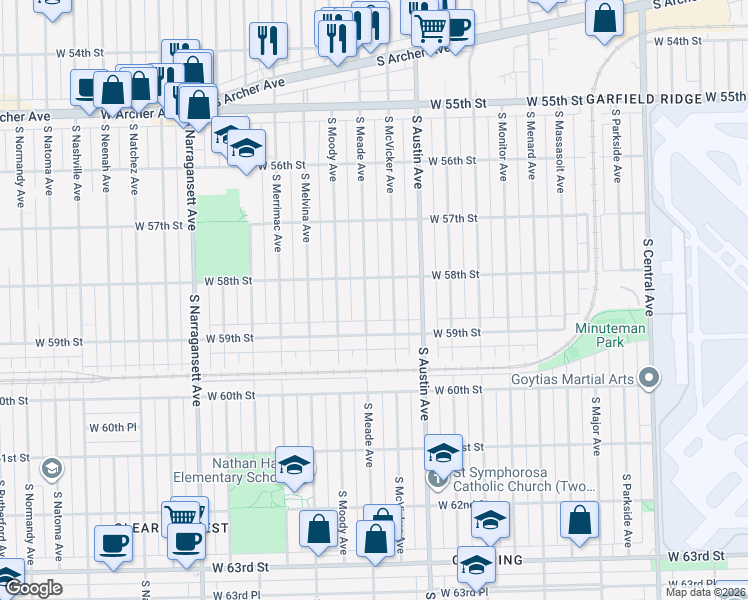 map of restaurants, bars, coffee shops, grocery stores, and more near 5759 South Meade Avenue in Chicago