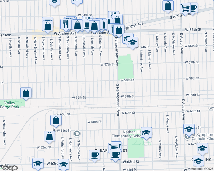 map of restaurants, bars, coffee shops, grocery stores, and more near 5758 South Nagle Avenue in Chicago
