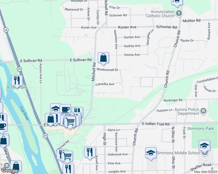 map of restaurants, bars, coffee shops, grocery stores, and more near 626 Camellia Avenue in Aurora