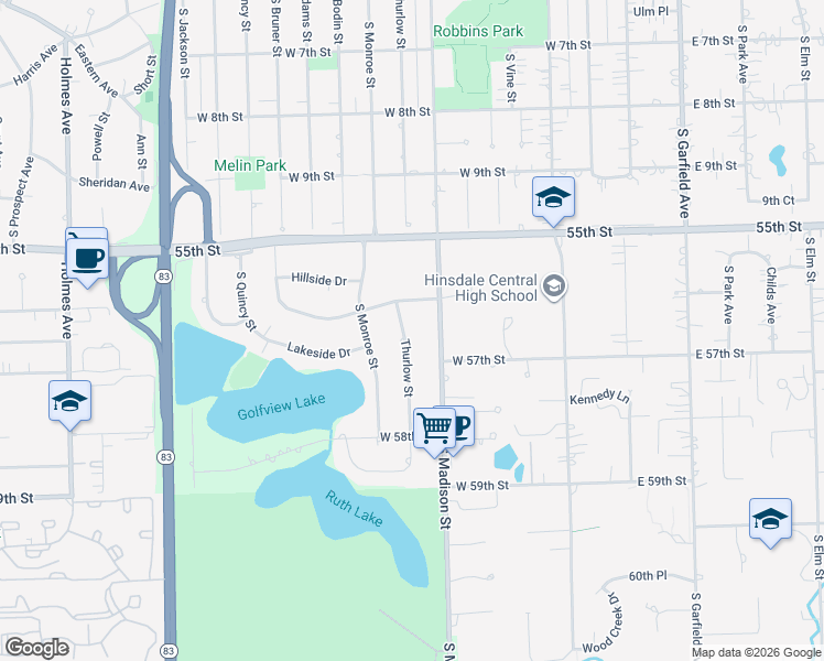 map of restaurants, bars, coffee shops, grocery stores, and more near 5627 Thurlow Street in Hinsdale
