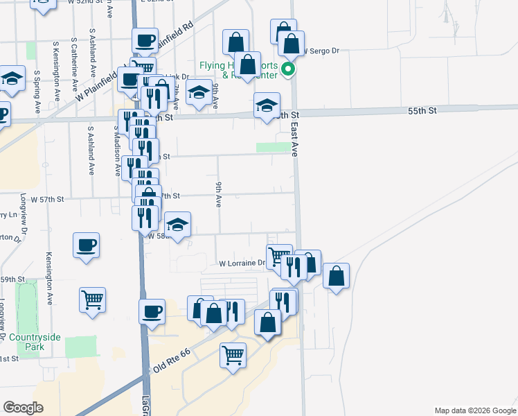 map of restaurants, bars, coffee shops, grocery stores, and more near 9701 West 57th Street in Countryside