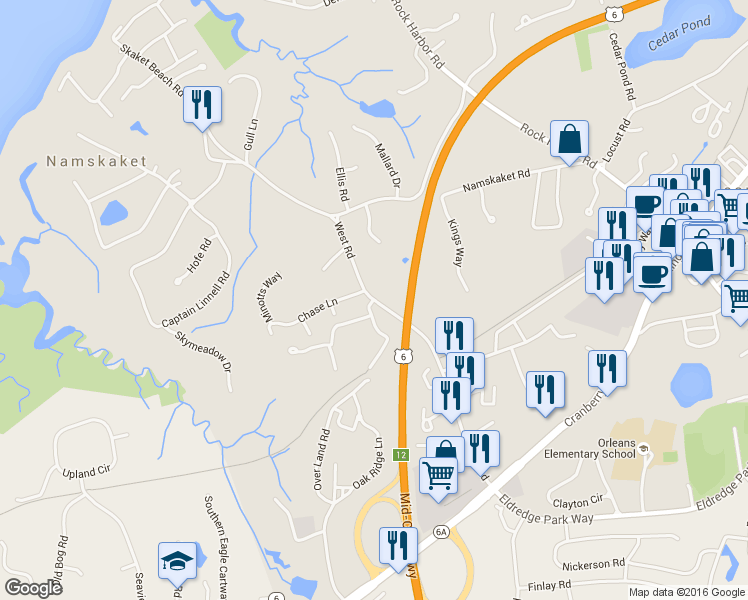 map of restaurants, bars, coffee shops, grocery stores, and more near Cape Cod Rail Trail in Orleans