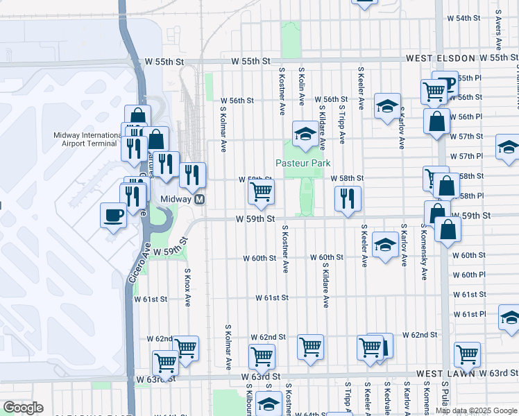 map of restaurants, bars, coffee shops, grocery stores, and more near 5819 South Kilbourn Avenue in Chicago