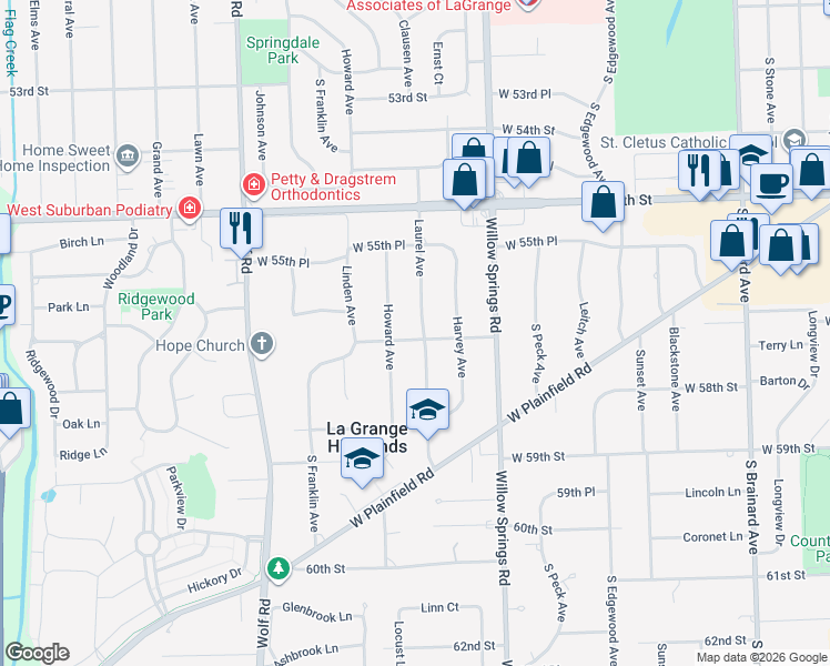 map of restaurants, bars, coffee shops, grocery stores, and more near 5633 Laurel Avenue in La Grange Highlands