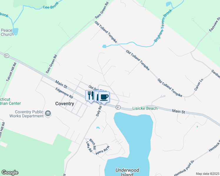 map of restaurants, bars, coffee shops, grocery stores, and more near 136 Buena Vista Rd in Coventry