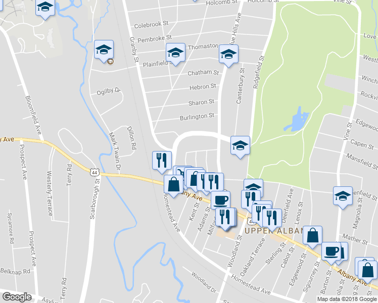 map of restaurants, bars, coffee shops, grocery stores, and more near 44 Norfolk Street in Hartford