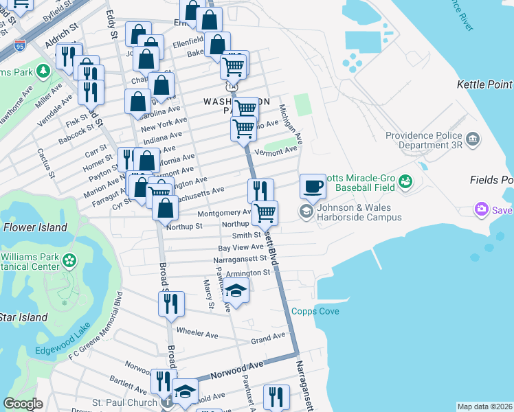 map of restaurants, bars, coffee shops, grocery stores, and more near 995 Narragansett Boulevard in Providence