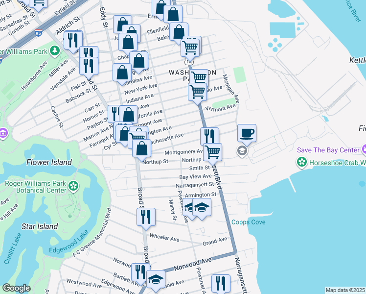 map of restaurants, bars, coffee shops, grocery stores, and more near 199 Alabama Avenue in Providence