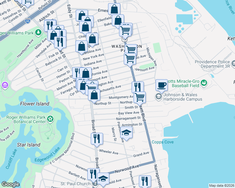map of restaurants, bars, coffee shops, grocery stores, and more near 222 Washington Avenue in Providence