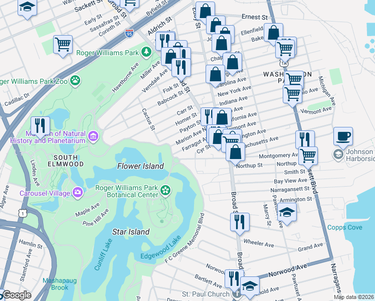 map of restaurants, bars, coffee shops, grocery stores, and more near 45 Farragut Avenue in Providence