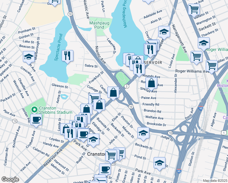 map of restaurants, bars, coffee shops, grocery stores, and more near 411 Reservoir Avenue in Providence
