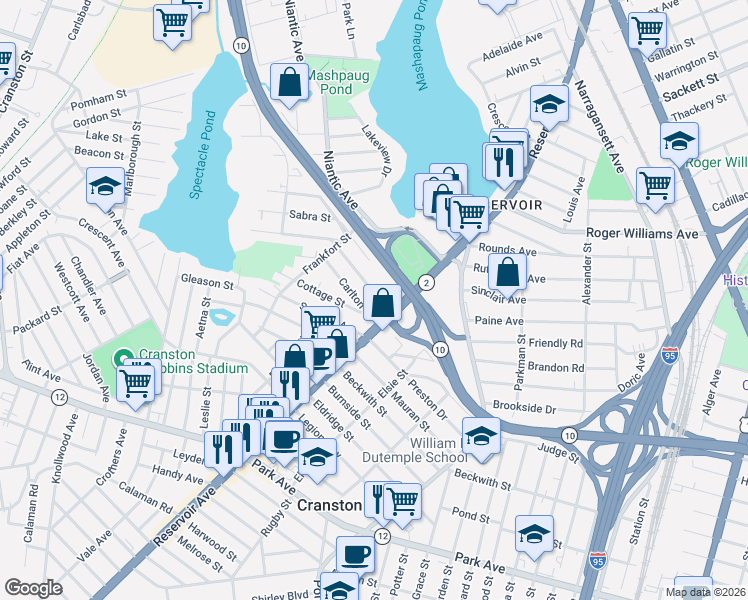 map of restaurants, bars, coffee shops, grocery stores, and more near 54 Pleasant Street in Cranston