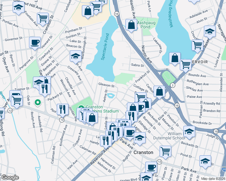 map of restaurants, bars, coffee shops, grocery stores, and more near 33 Gleason Street in Cranston