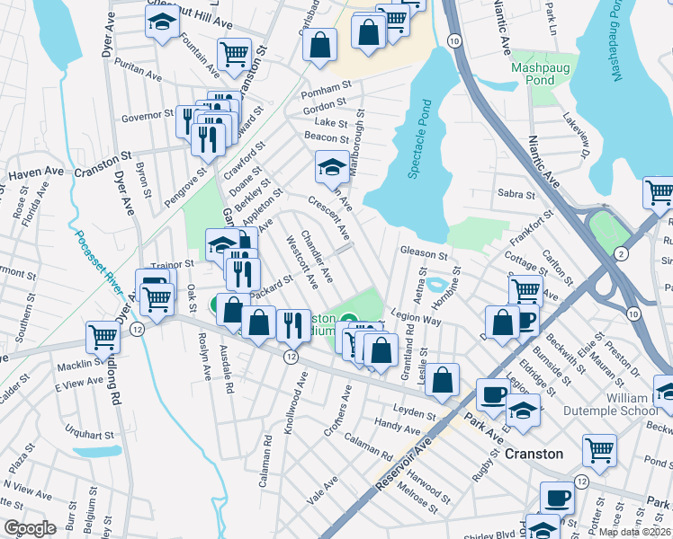 map of restaurants, bars, coffee shops, grocery stores, and more near 115 Fiat Avenue in Cranston