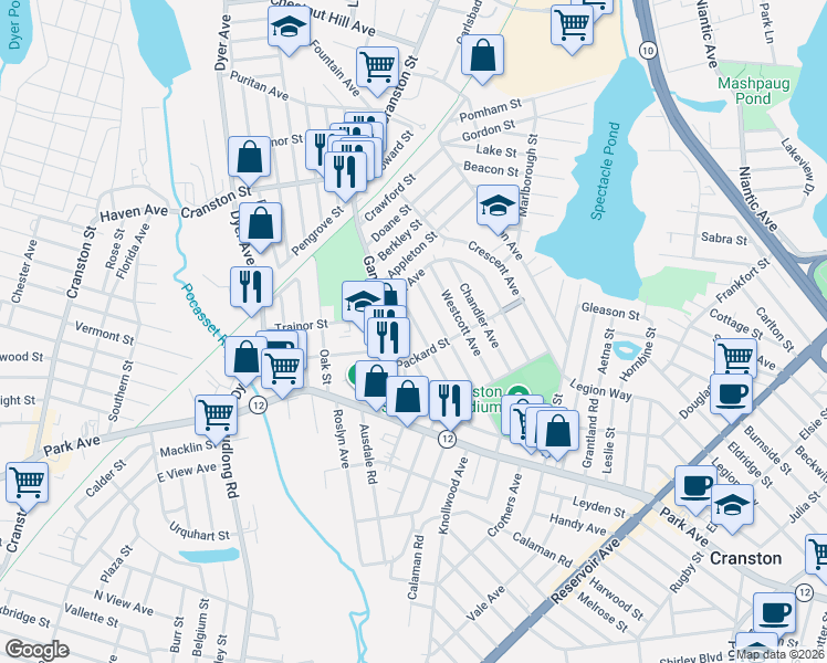 map of restaurants, bars, coffee shops, grocery stores, and more near 172 Jordan Avenue in Cranston