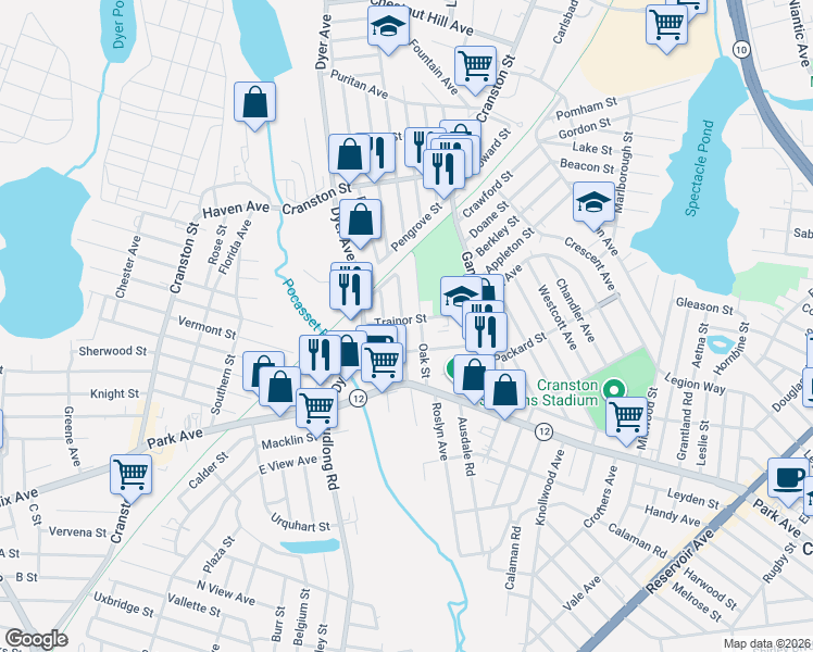 map of restaurants, bars, coffee shops, grocery stores, and more near 28 Oak Street in Cranston