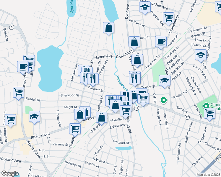 map of restaurants, bars, coffee shops, grocery stores, and more near 79 Vigilant Street in Cranston