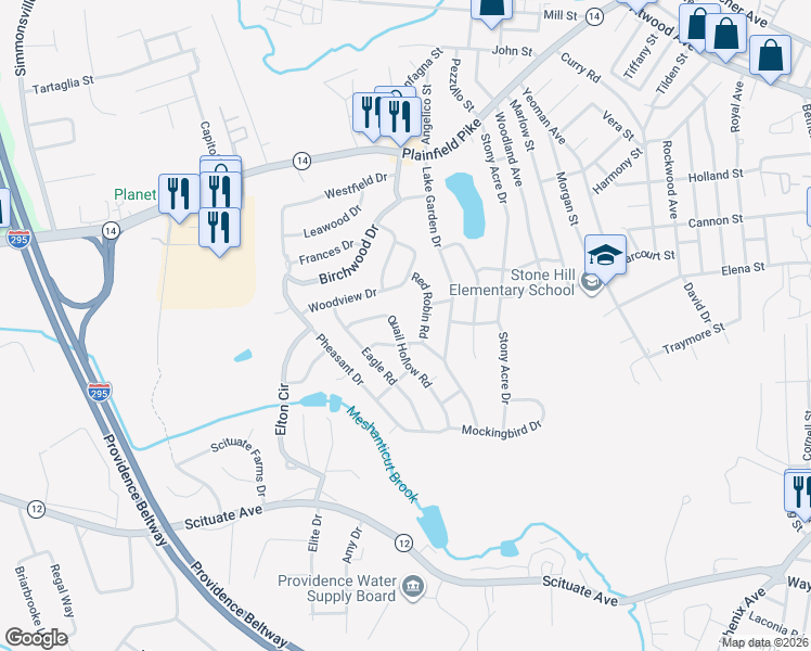map of restaurants, bars, coffee shops, grocery stores, and more near 40 Quail Hollow Road in Cranston