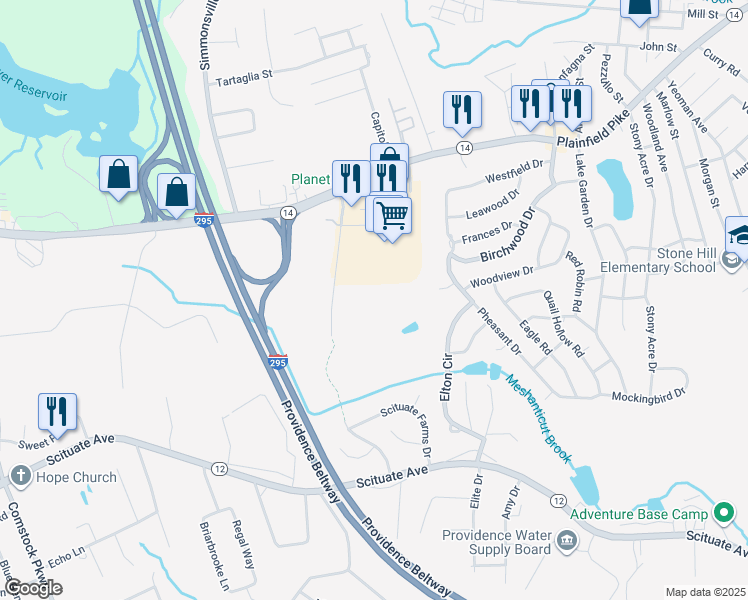 map of restaurants, bars, coffee shops, grocery stores, and more near 1776 Plainfield Pike in Cranston