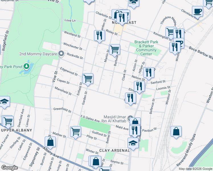 map of restaurants, bars, coffee shops, grocery stores, and more near 57 Barbour Street in Hartford