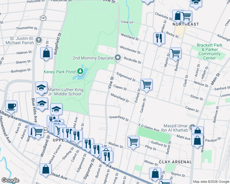 map of restaurants, bars, coffee shops, grocery stores, and more near 320 Capen Street in Hartford