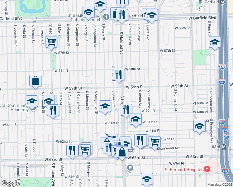 map of restaurants, bars, coffee shops, grocery stores, and more near 833 West 59th Street in Chicago