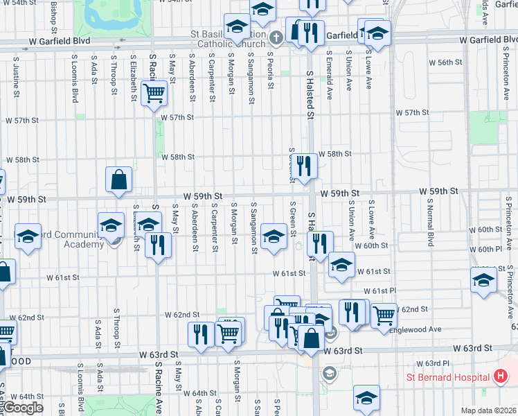 map of restaurants, bars, coffee shops, grocery stores, and more near 912 West 59th Street in Chicago