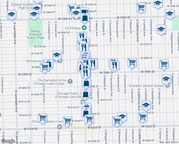 map of restaurants, bars, coffee shops, grocery stores, and more near 5837 South Troy Street in Chicago