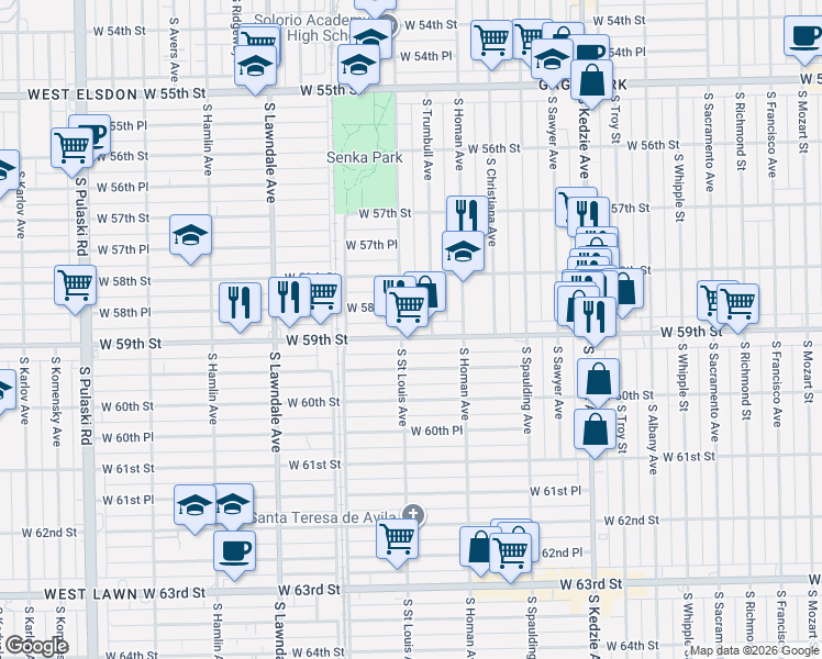 map of restaurants, bars, coffee shops, grocery stores, and more near 3505 West 58th Place in Chicago