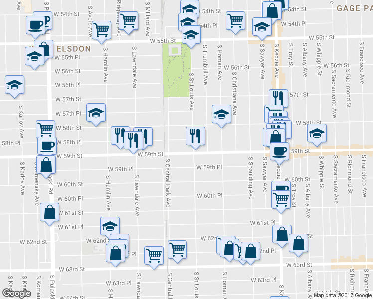map of restaurants, bars, coffee shops, grocery stores, and more near 3505 West 58th Place in Chicago