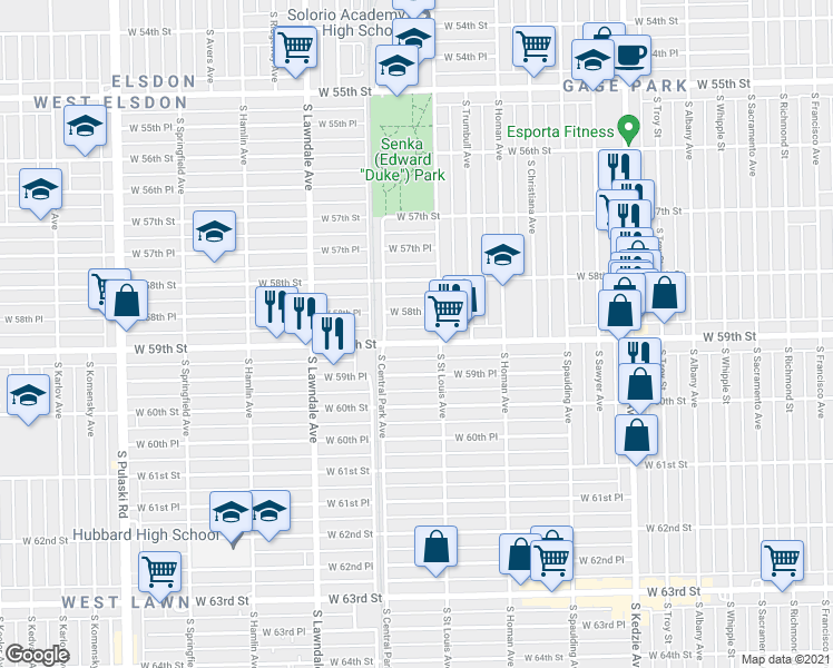 map of restaurants, bars, coffee shops, grocery stores, and more near 3505 West 58th Place in Chicago