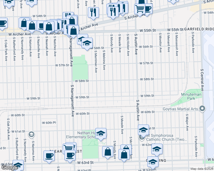 map of restaurants, bars, coffee shops, grocery stores, and more near 5800 South Melvina Avenue in Chicago