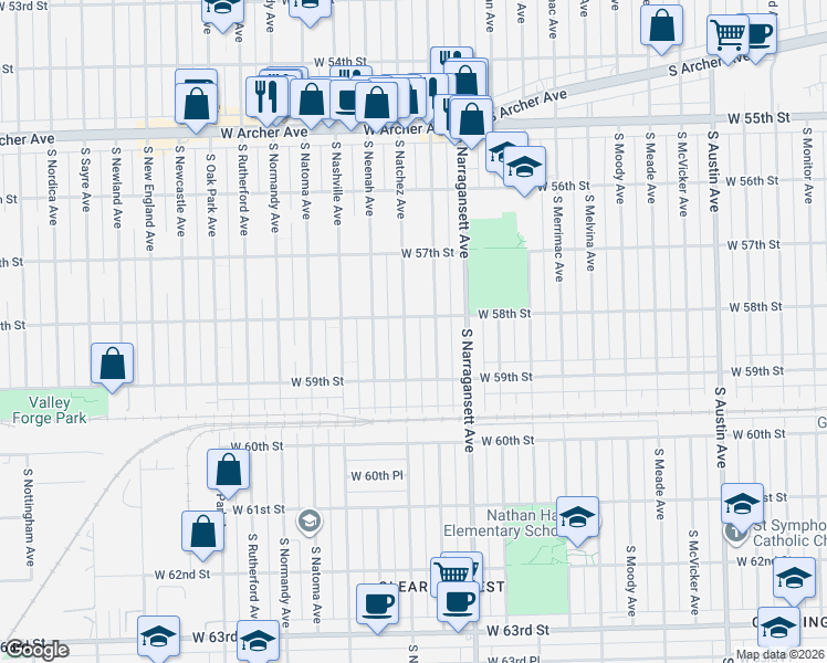 map of restaurants, bars, coffee shops, grocery stores, and more near 5758 South Nagle Avenue in Chicago