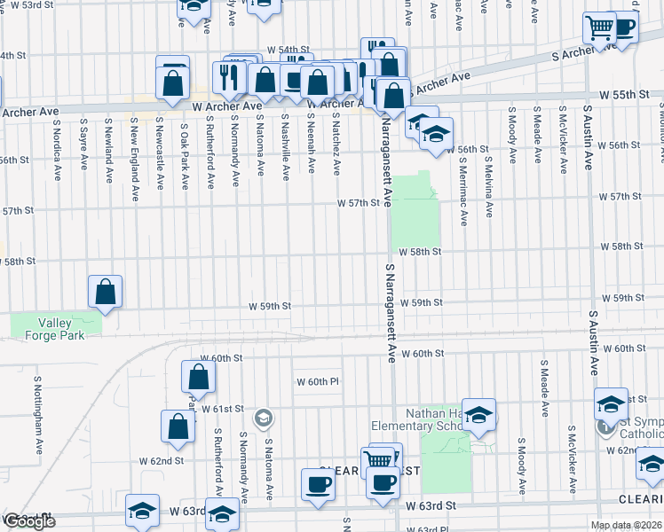 map of restaurants, bars, coffee shops, grocery stores, and more near 5754 S Natchez Ave in Chicago