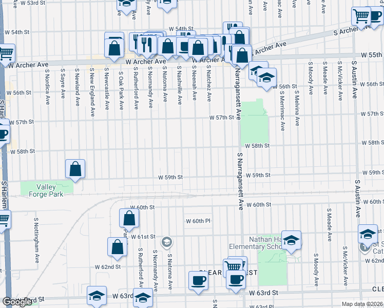map of restaurants, bars, coffee shops, grocery stores, and more near 5755 South Nashville Avenue in Chicago