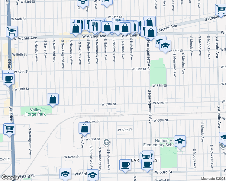 map of restaurants, bars, coffee shops, grocery stores, and more near 5755 South Natoma Avenue in Chicago