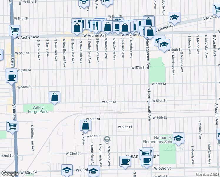 map of restaurants, bars, coffee shops, grocery stores, and more near 5755 South Natoma Avenue in Chicago