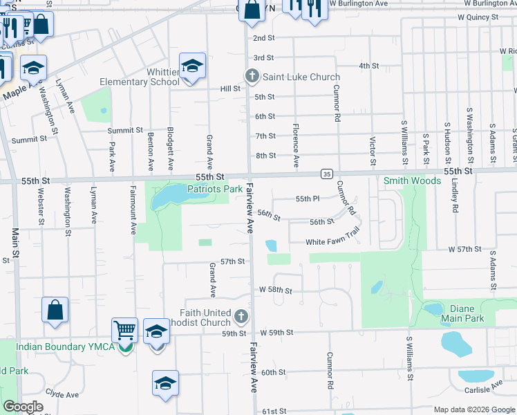 map of restaurants, bars, coffee shops, grocery stores, and more near 5516 Fairview Avenue in Downers Grove
