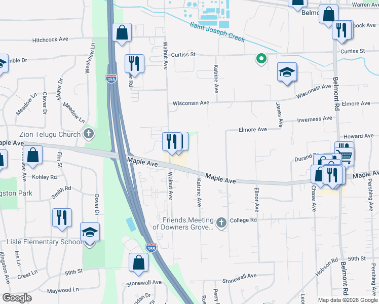 map of restaurants, bars, coffee shops, grocery stores, and more near 5516 Katrine Avenue in Downers Grove