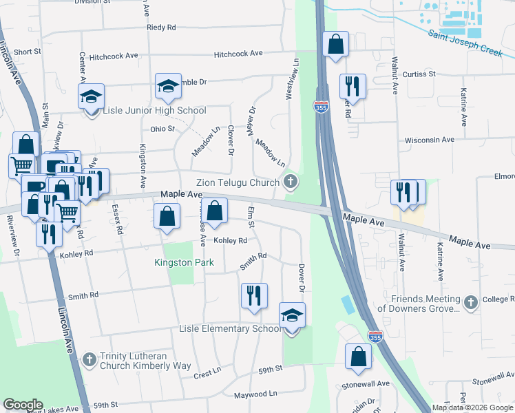 map of restaurants, bars, coffee shops, grocery stores, and more near 572 Maple Avenue in Lisle