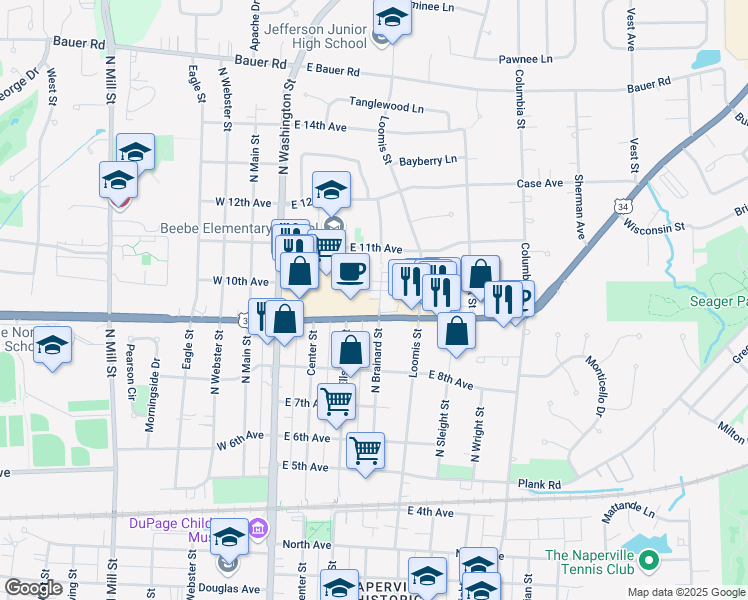 map of restaurants, bars, coffee shops, grocery stores, and more near 941 North Brainard Street in Naperville
