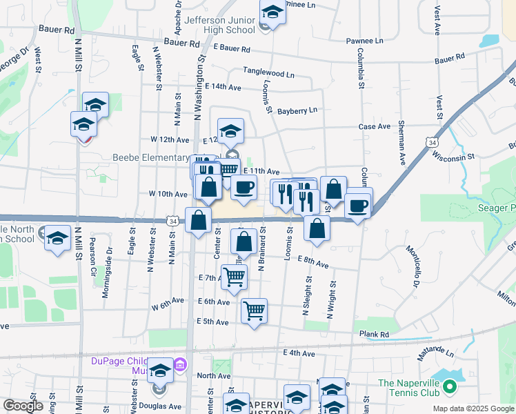 map of restaurants, bars, coffee shops, grocery stores, and more near 941 North Brainard Street in Naperville