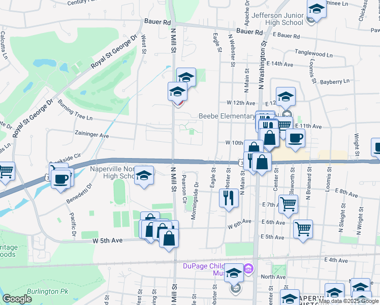 map of restaurants, bars, coffee shops, grocery stores, and more near 1020 North Mill Street in Naperville