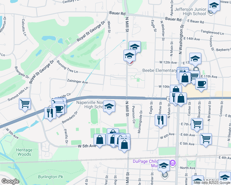 map of restaurants, bars, coffee shops, grocery stores, and more near 512 Burning Tree Lane in Romeoville
