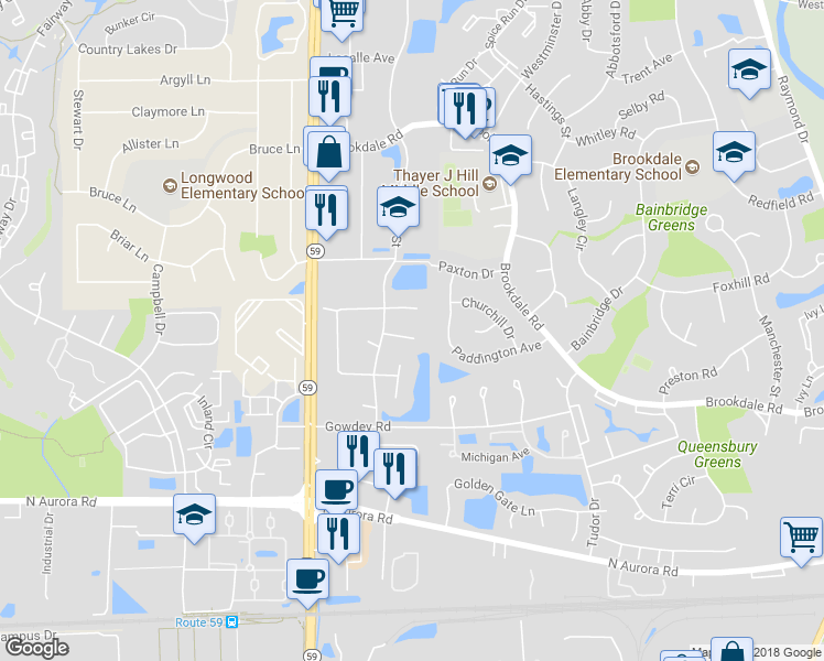 map of restaurants, bars, coffee shops, grocery stores, and more near 2724 Sheridan Court in Naperville
