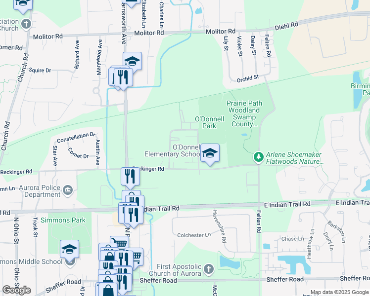 map of restaurants, bars, coffee shops, grocery stores, and more near 1565 Avati Lane in Aurora