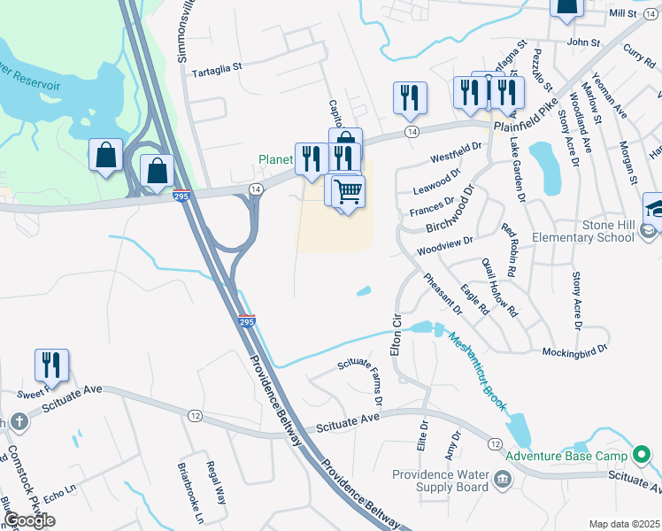 map of restaurants, bars, coffee shops, grocery stores, and more near 1776 Plainfield Pike in Cranston