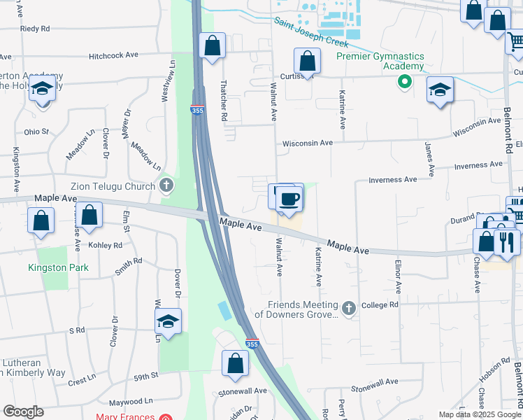 map of restaurants, bars, coffee shops, grocery stores, and more near 2800 Maple Avenue in Downers Grove
