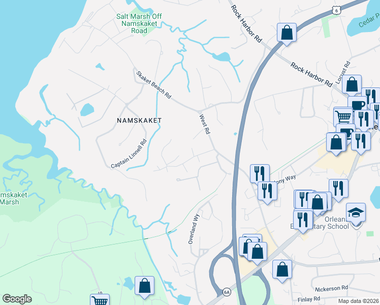map of restaurants, bars, coffee shops, grocery stores, and more near 14 Burning Bush Lane in Orleans